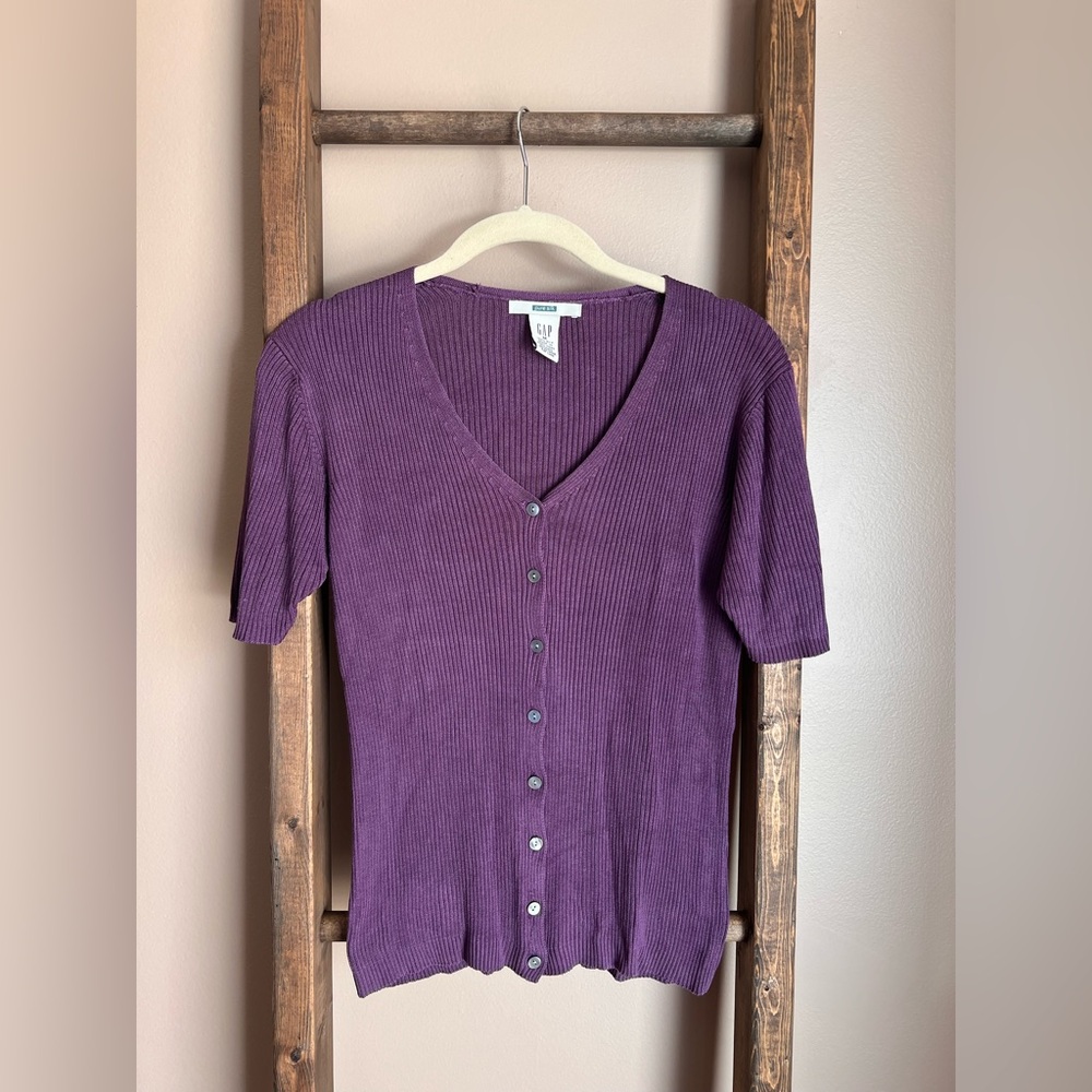 Vintage Y2K GAP 100% Silk Purple Button-Up Ribbed Cardigan